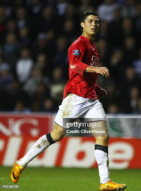 Cristiano Ronaldo of Manchester United celebrates scoring United 2nd goal during the Barclays Premier League match between Reading and Manchester...