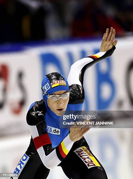German Anni Friesinger takes the start 19 January 2008 of the 1,000-meter sprint on the first day of the ice skating world championship at Thialf...