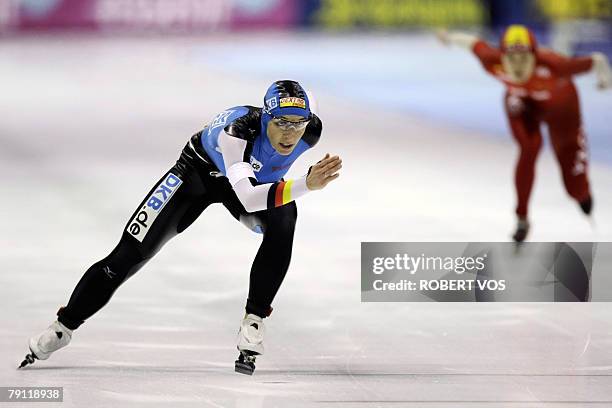 German Anni Friesinger powers 19 January 2008 during the 1,000-meter sprint on the first day of the ice skating world championship at Thialf Stadium...