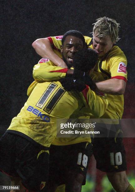 Nathan Ellington of Watford celebrates with his team mate after scoring during the Coca-Cola Championship match between Watford and Charlton Athletic...
