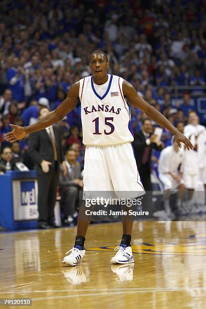 Mario Chalmers of the Kansas Jayhawks looks downcourt during the game against the Miami Redhawks on December 22, 2007 at Allen Fieldhouse in...