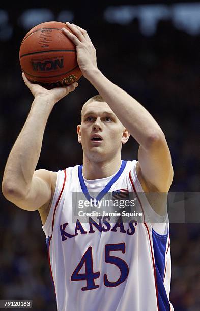 Cole Aldrich of the Kansas Jayhawks looks to make a free throw during the game against the Miami Redhawks on December 22, 2007 at Allen Fieldhouse in...