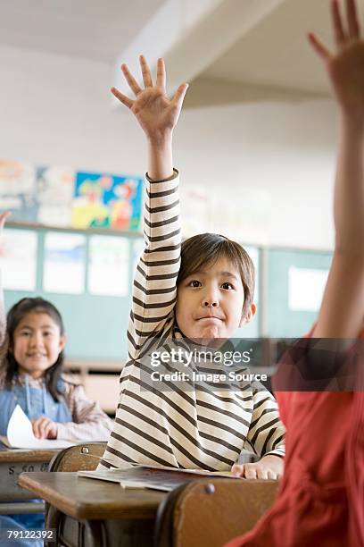 a boy with his hand raised - elementary student classroom stock pictures, royalty-free photos & images