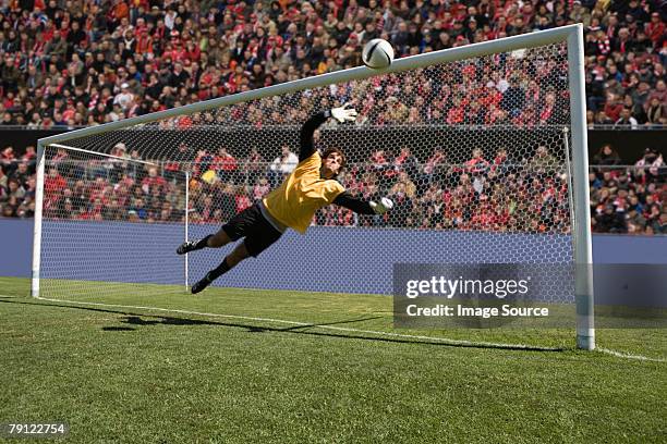 goalkeeper making a save - diving to the ground stock pictures, royalty-free photos & images