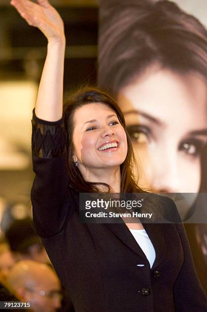 Actress Daphne Zuniga poses on stage at Macy's Herald Square on January 19, 2008 in New York City.
