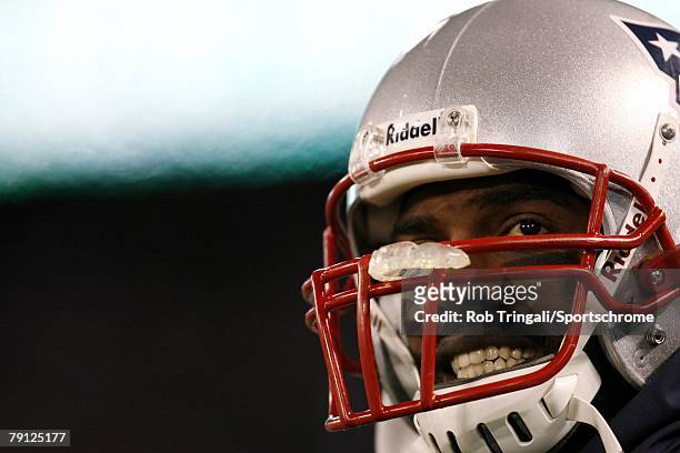 Randy Moss of the New England Patriots looks on against the Baltimore Ravens on December 3, 2007 at M&T Bank Stadium in Baltimore, Maryland. The...
