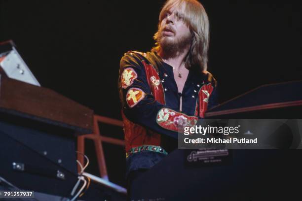 Keyboard player Rick Wakeman performing with English progressive rock group Yes on their Going For The One tour at Madison Square Garden in New York...