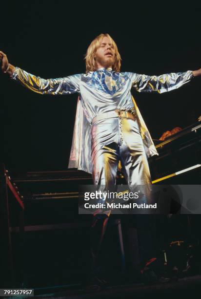 Keyboard player Rick Wakeman performing with English progressive rock group Yes at Madison Square Garden, New York City, September 1978. The band...