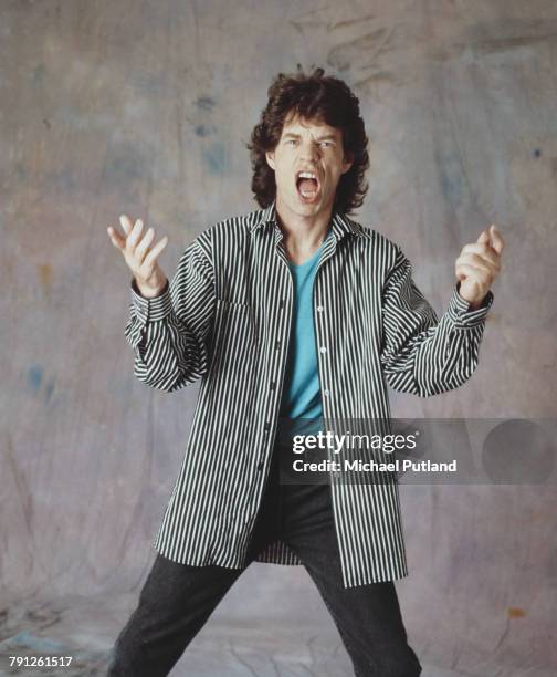 Posed portrait of English musician and singer songwriter, Mick Jagger, lead singer of the Rolling Stones in 1987.