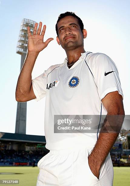 Irfan Pathan of India waves to the crowd after winning the Third Test match between Australia and India at the WACA on January 19, 2008 in Perth,...