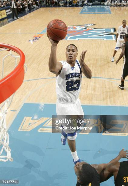 Derrick Rose of the Memphis Tigers shoots a running jumper against the Southern Miss Golden Eagles at FedExForum January 19, 2008 in Memphis,...