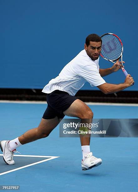 Andy Ram of Israel plays a backhand during his doubles match with Jonathan Erlich of Israel against Frantisek Cermak and Lukas Dlouhy of Czech...