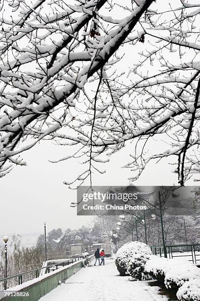 The elevated view of the snow-covered Qingchuan Pavillion is seen after the second snowfall of this week, the heaviest snowfalls that have been...