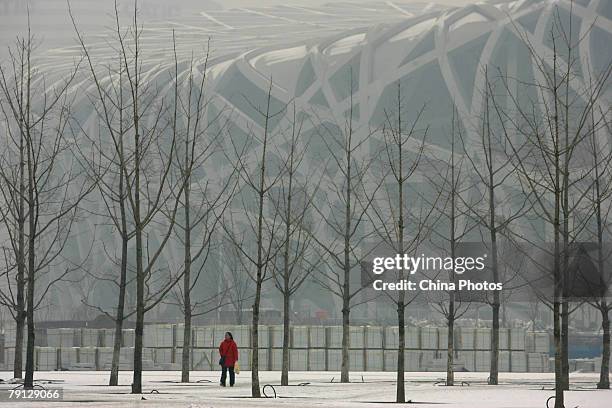 Pedestrian walks by the construction site of the Beijing National Stadium known as the "Bird's Nest", on the Olympic Green on January 19, 2008 in...