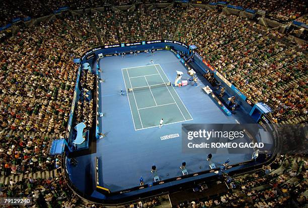 An aerial view of the Rod Laver Arena during the mens singles match between Serbian tennis player Janko Tipsarevic and Swiss opponent Roger Federer...