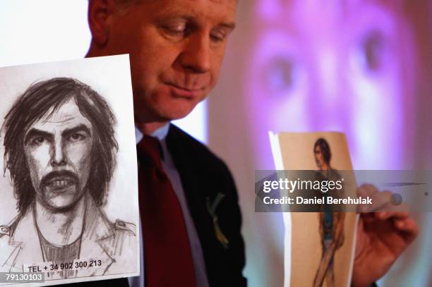 McCann family spokesman Clarence Mitchell holds two artist's impression of the new suspect on January 20, 2008 in London, England. The description...