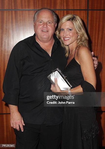 Rush Limbaugh and Kathryn Rogers arrive at the Ritz Carlton South Beach to attend the 2008 All Star Gala and Party to benefit the AROD Family...