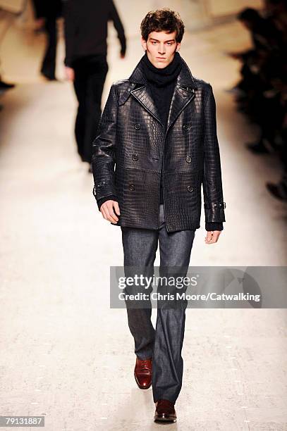 Model walks the runway during the Hermes Menswear fashion show part of Paris Fashion Week Fall/Winter 2008/2009 on the 19th of January 2008 in...