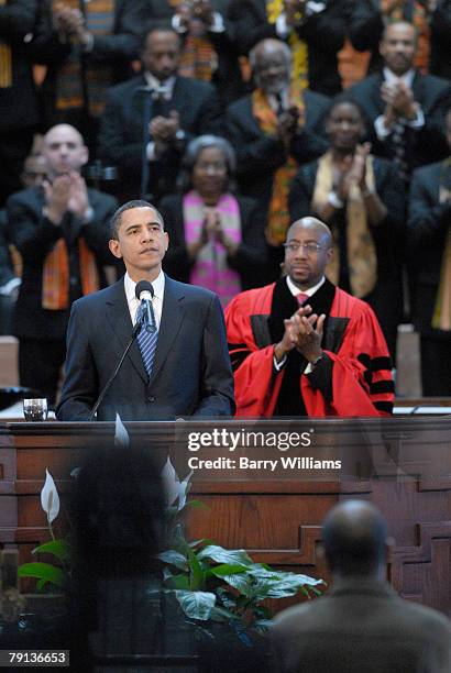 Senator Barack Obama addresses Ebenezer Baptist Church January 20, 2008 in Atlanta, Georgia. Ebenezer's pastor Rev. Raphael Warnock stands next to...