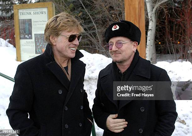 President and Founder of Sundance Institute Robert Redford and Bono of U2 during the 2008 Sundance Film Festival at the Sundance Resort on January...
