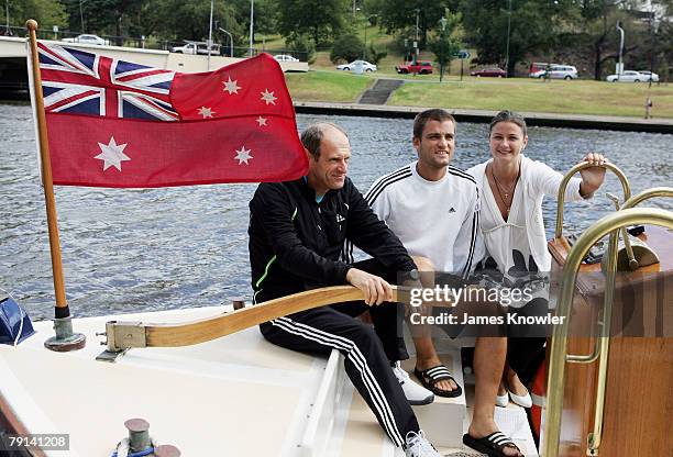 Mikhail Youzhny of Russia and his girlfriend Julia Usunova enjoy a boat ride along the Yarra River on day eight of the Australian Open 2008 on...