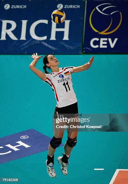 Christiane Fuerst of Germany serves during the Women Beijing 2008 Olympic Games Qualification match between Germany and the Netherlands at the Gerry...