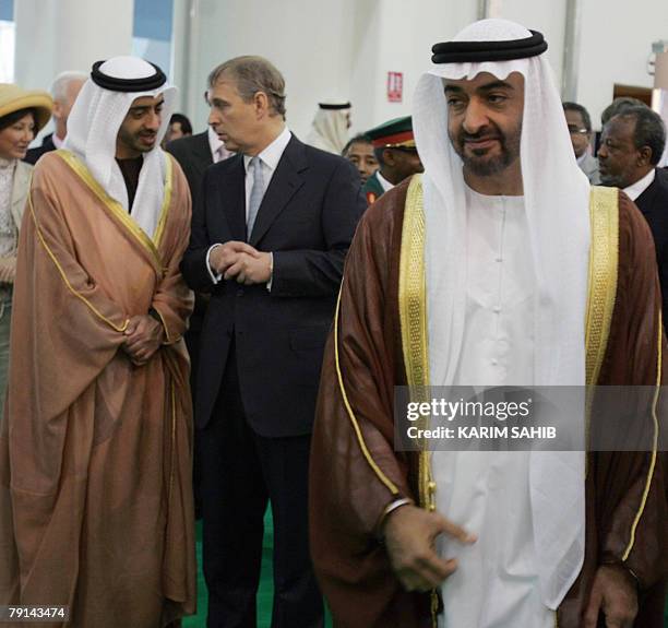 Britain's Prince Andrew talks to Emirati Foreign Minister Sheikh Abdullah bin Zayed al-Nahayan as Crown Prince of Abu Dhabi, Sheikh Mohammad bin...