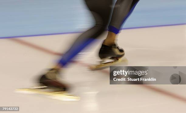 The skates of a speed skater during the first day of the World sprint speed skating Championships on January 19, 2008 in Heerenveen, Netherlands.