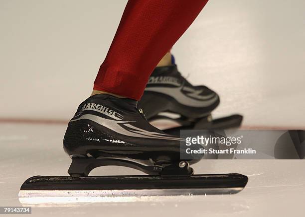 The skates of a speed skater during the first day of the World sprint speed skating Championships on January 19, 2008 in Heerenveen, Netherlands.
