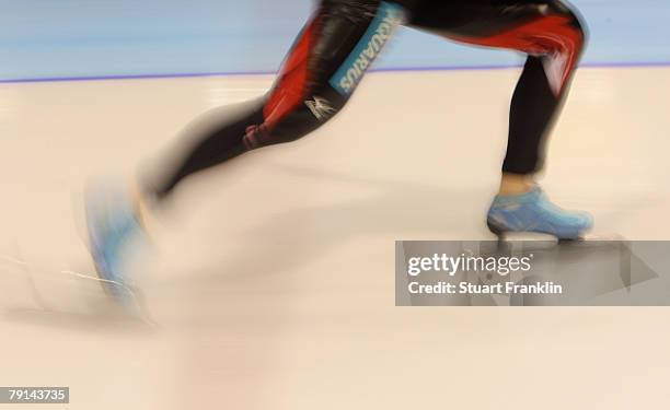 The skates of a speed skater during the first day of the World sprint speed skating Championships on January 19, 2008 in Heerenveen, Netherlands.