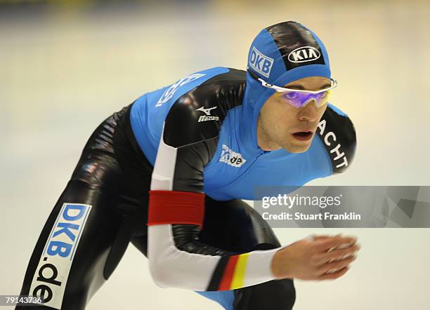 Samuel Schwarz of Germany in action during the mens 1000m race during the first day of the World sprint speed skating Championships on January 19,...