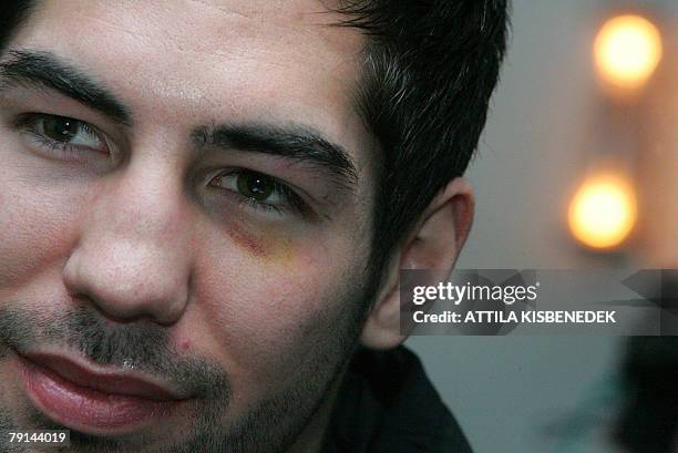 French player Nikola Karabatic answers a journalist's question in Trondheim 21 January 2008 during a press meeting for the French team. France and...