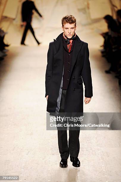 Model walks the runway during the Hermes Menswear fashion show part of Paris Fashion Week Fall/Winter 2008/2009 on the 19th of January 2008 in...