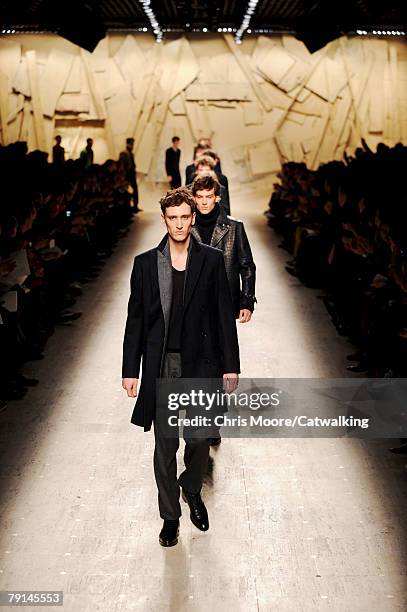 Model walks the runway during the Hermes Menswear fashion show part of Paris Fashion Week Fall/Winter 2008/2009 on the 19th of January 2008 in...