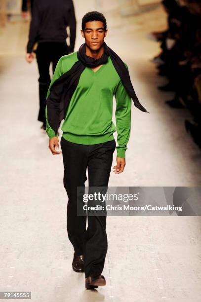 Model walks the runway during the Hermes Menswear fashion show part of Paris Fashion Week Fall/Winter 2008/2009 on the 19th of January 2008 in...