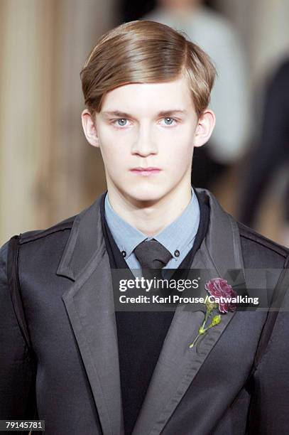 Model walks the catwalk during the Lanvin Menswear fashion show part of Paris Fashion Week Fall/Winter 2008/2009 on January 20, 2008 in Paris, France.