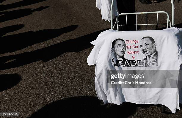 Shirt associating Barack Obama with Martin Luther King is displayed at a Martin Luther King day rally on the grounds of the South Carolina State...