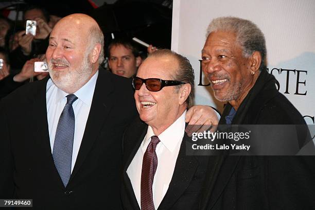 Director Rob Reiner and actors Jack Nicholson and Morgan Freeman attend "The bucket List" Germany premiere at the Cinemaxx movie theatre on January...