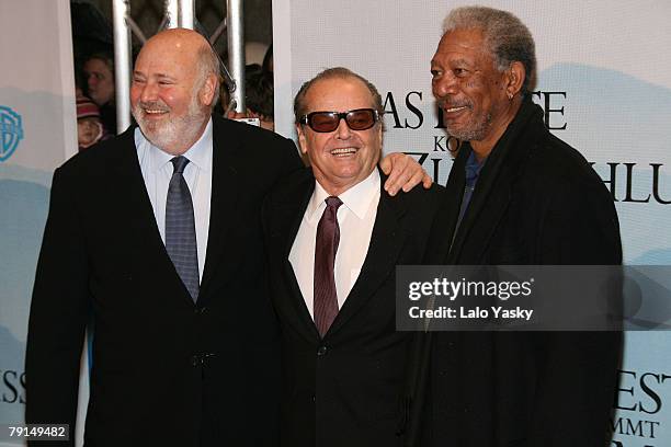 Director Rob Reiner and actors Jack Nicholson and Morgan Freeman attend "The bucket List" Germany premiere at the Cinemaxx movie theatre on January...