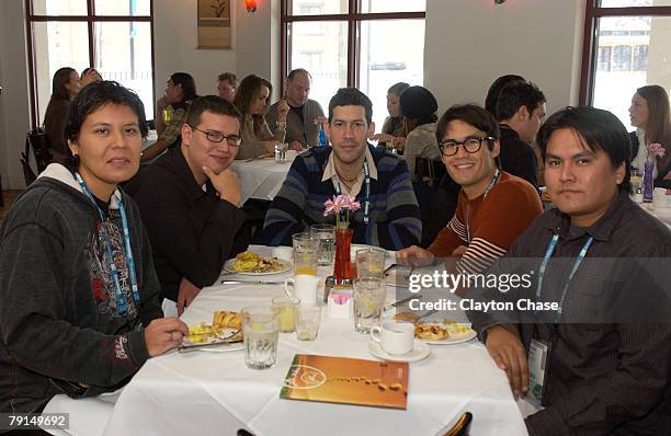 Sonya Oberly, Migizi Ponsoneau, Marco Orsini, Bean Barret and Sherwin Birsui attends the Native Forum Brunch at the Mustang Restaurant during the...