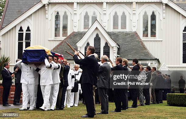 The casket leaves St Marys church under a guard of honour formed by members of the New Zealand Alpine Club following the State Funeral for Sir Edmund...