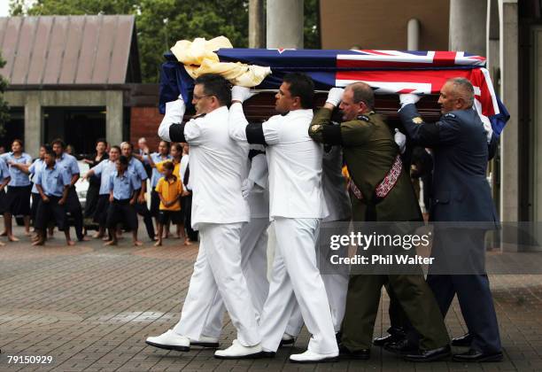 The casket leaves St Marys church following the State Funeral for Sir Edmund Hillary at St Marys Cathedral on January 22, 2008 in Auckland, New...