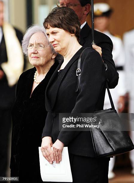 June, Lady Hillary and Prime Minister Helen Clark leave St Marys church following the State Funeral for Sir Edmund Hillary at St Marys Cathedral on...