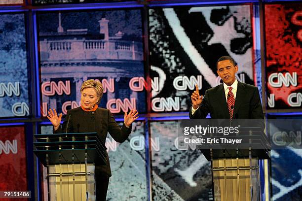 Democratic presidential hopefuls Sen. Hillary Clinton and Sen. Barack Obama engage in a heated debate at the Palace Theatre January 21, 2008 in...