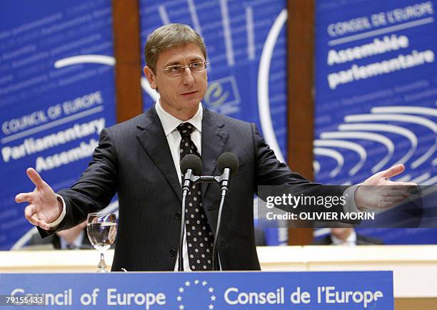 Hungary's Prime Minister Ferenc Gyurcsany adresses the Parliamentary Assembly of the Council of Europe, 22 January 2008 in Strasbourg. AFP PHOTO...