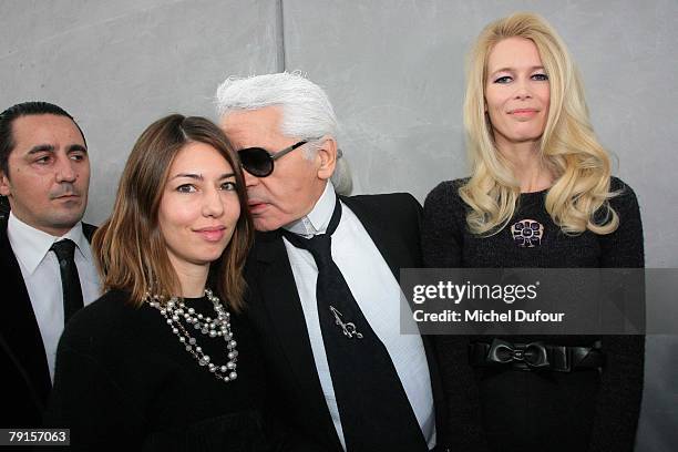 Sofia Coppola, Karl Lagerfeld and Claudia Schiffer attends the Chanel Fashion show, during Paris Fashion Week Spring-Summer 2008 at Grand Palais on...