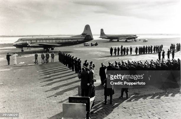 The B.E.A. Aircraft carrying the coffins of the victims of the crash at Munich in which 23 people died, including 8 Manchester United footballers,...
