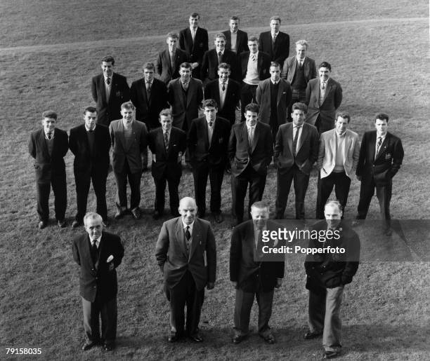 The remaining Manchester United officials and players pictured soon after the tragic Munich air crash. Front row, left-right, Joe Armstrong , Bill...