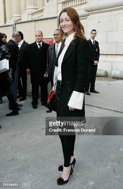 Audrey Marney leaves the "Grand Palais" after attending the Chanel Fashion show, during Paris Fashion Week Spring-Summer 2008 at Grand Palais on...