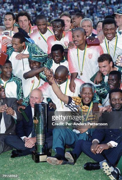 Bafana Bafana, the national team celebrates their victory in the Africa's Cup of nations on February 3, 1996 in Johannesburg, South Africa. South...